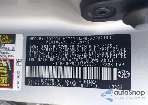 2012 Toyota Camry Le из США, поврежденный, VIN 4T1BF1FK8CU165938